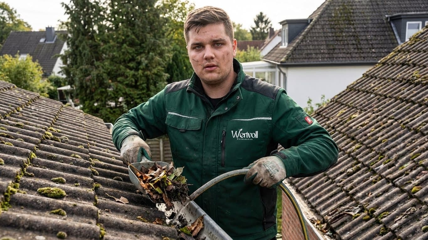 Wertvoll Mitarbeiter bei der Dachrinnenreinigung in Bielefeld - Laub wird aus der Rinne entfernt
